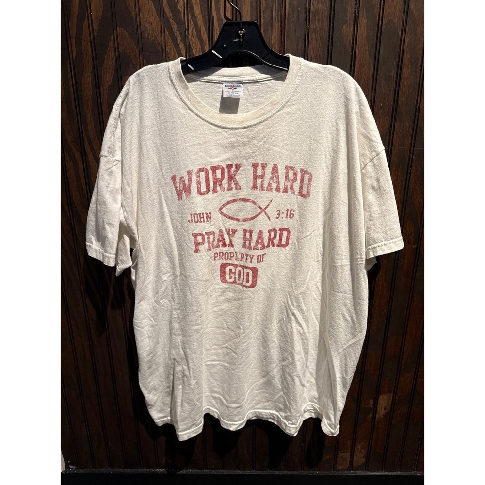 Vintage Jerzees Work Hard Pray Hard Property of God Christian T-Shirt Cream XXL